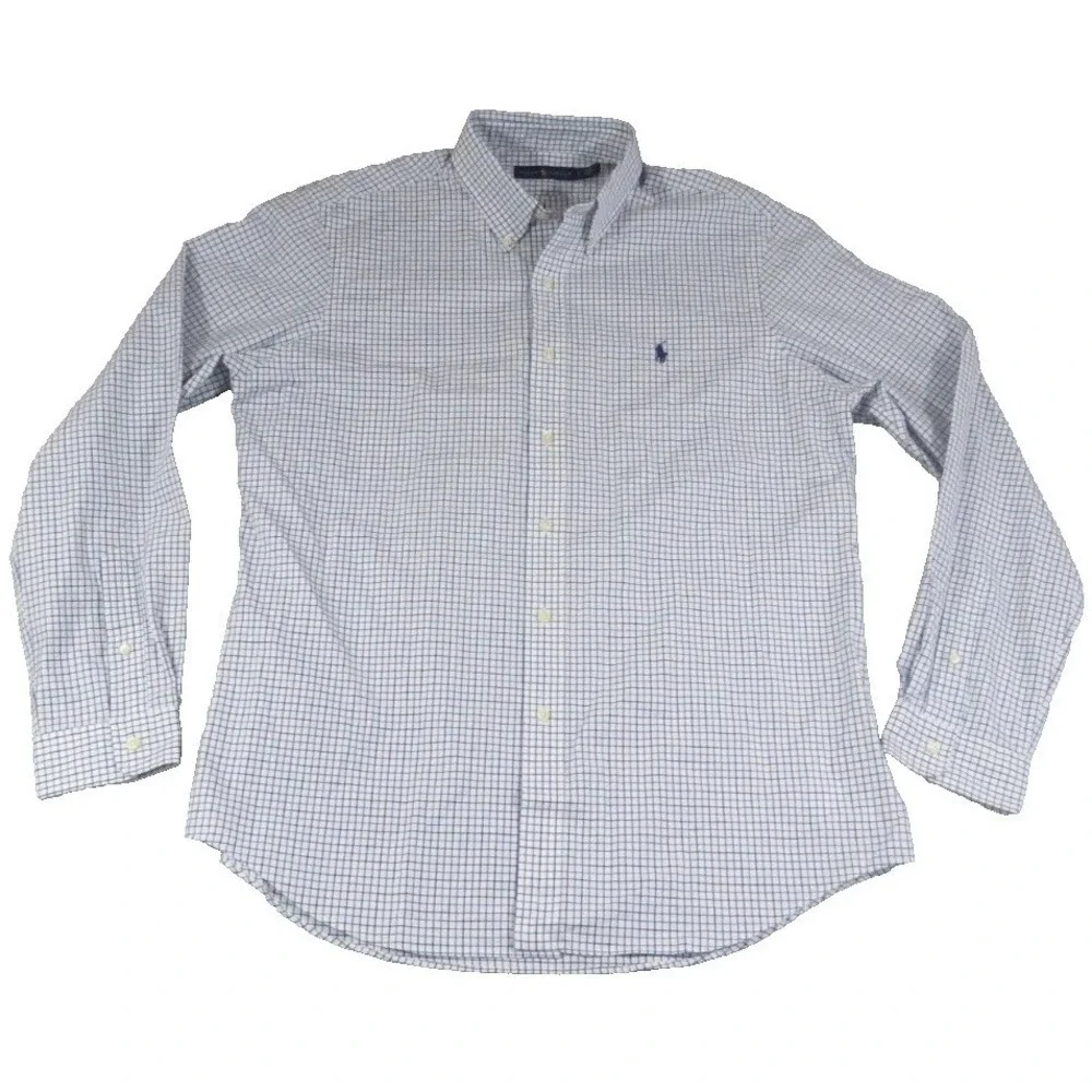 Ralph Lauren Polo Shirt Mens L Blue White Check Cotton Button Down Long Sleeve